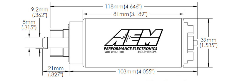 50-1200 AEM 320lhr High Flow In-Tank Fuel Pump Dimensions