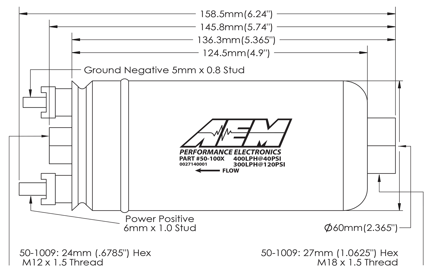 50-1009 AEM 400lhr High Flow Fuel Pump Dimensions