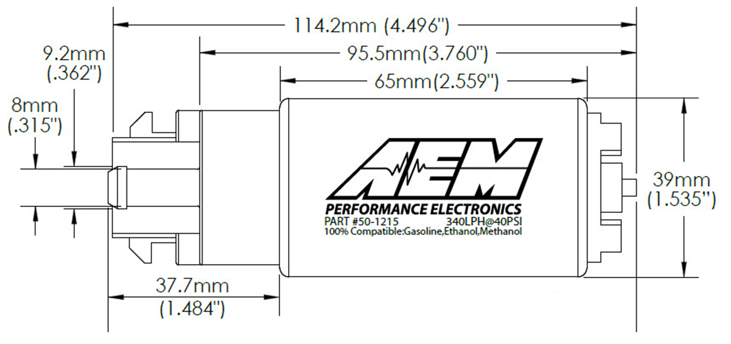 50-1215 AEM 320lhr High Flow In-Tank Fuel Pump Dimensions