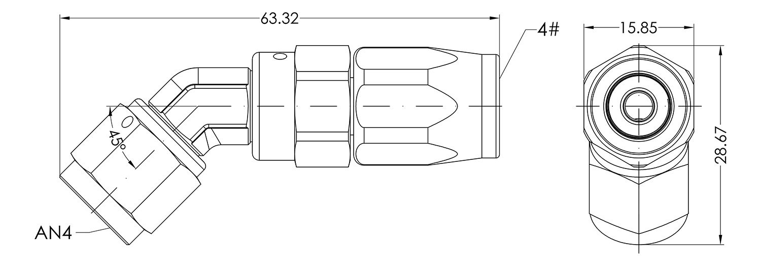 AN04 45° Swivel Seal Dimensioned Drawing