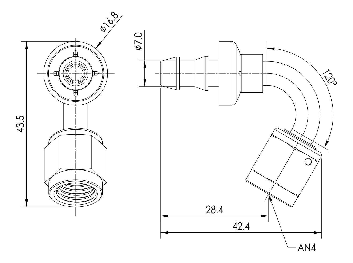 AN04 120° Push Lock Hose End Dimensioned Drawing