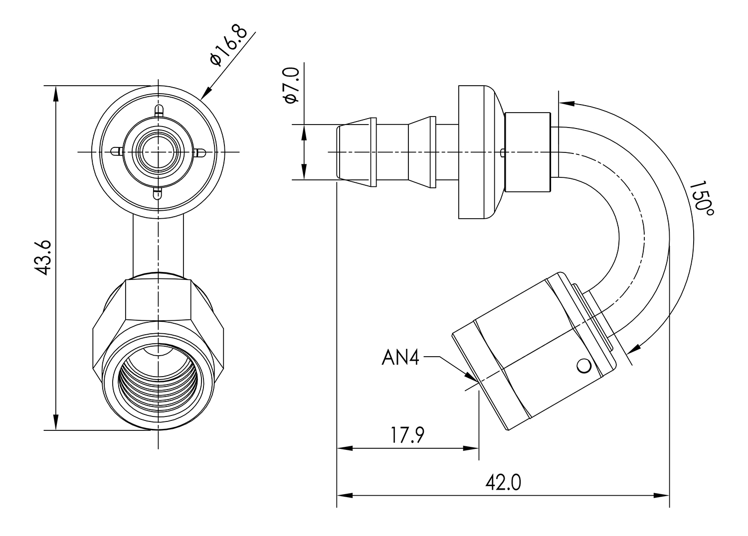 AN04 150° Push Lock Hose End Dimensioned Drawing