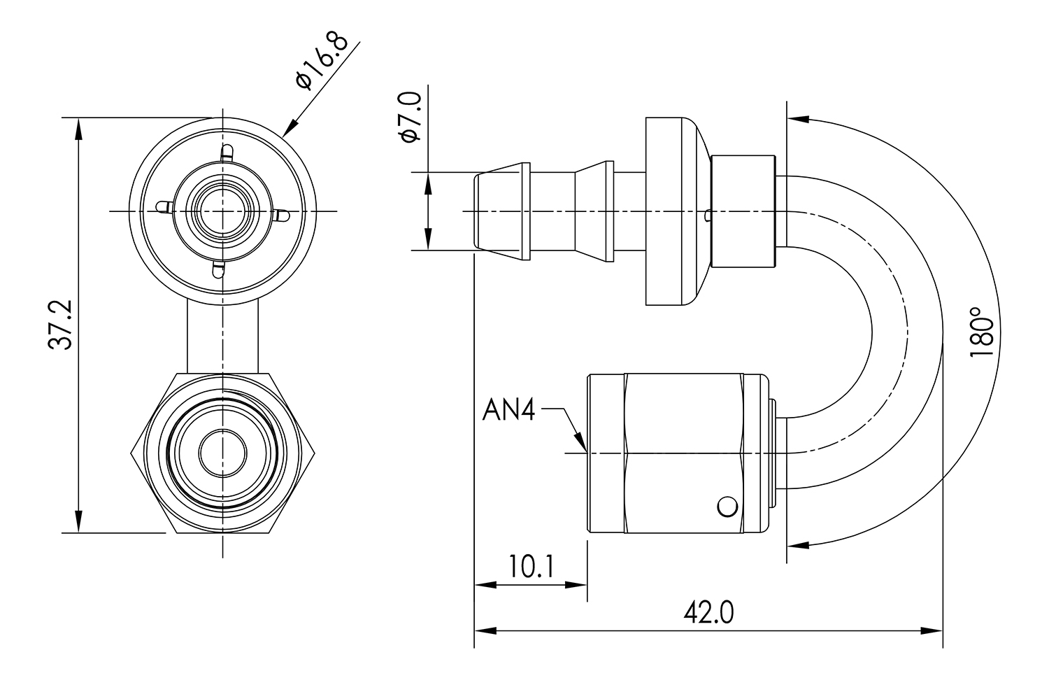 AN04 180° Push Lock Hose End Dimensioned Drawing