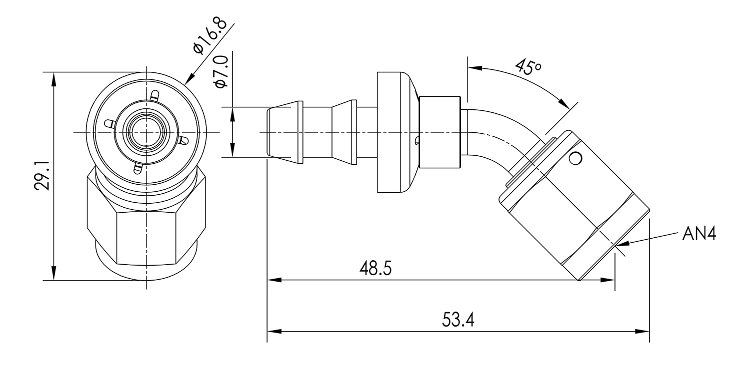 AN04 45° Push Lock Hose End Dimensioned Drawing
