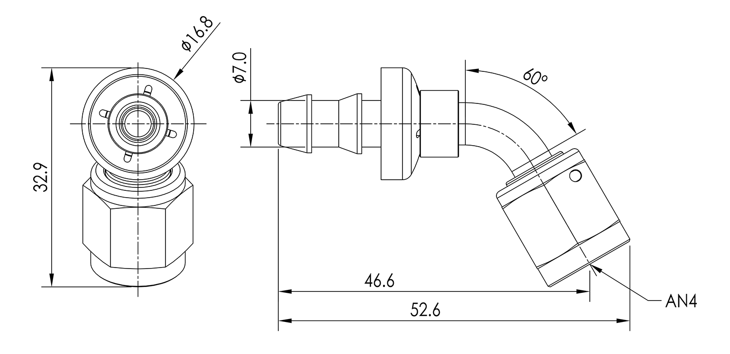 AN04 60° Push Lock Hose End Dimensioned Drawing