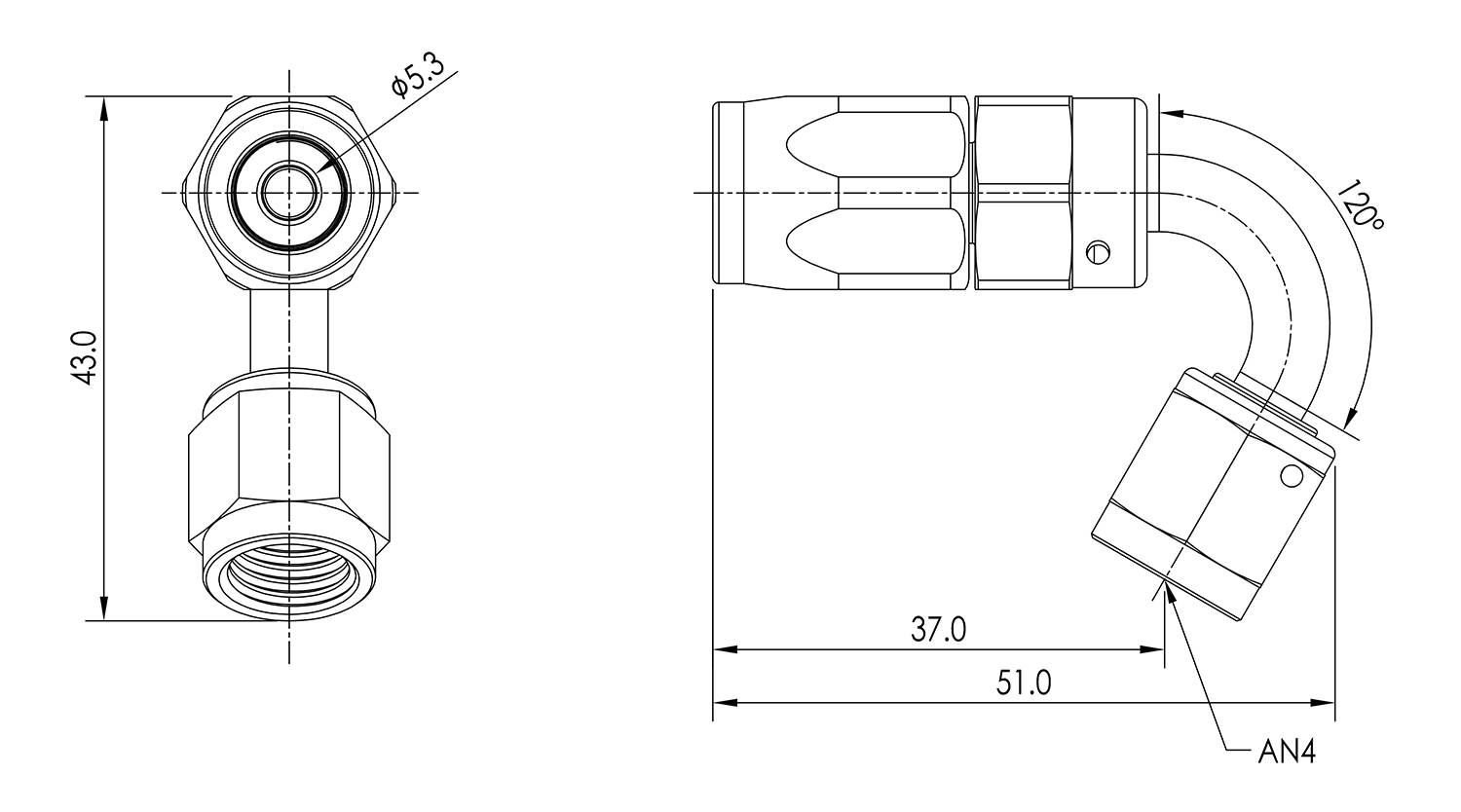 AN04 120° Swivel Seal Hose End Dimensioned Drawing