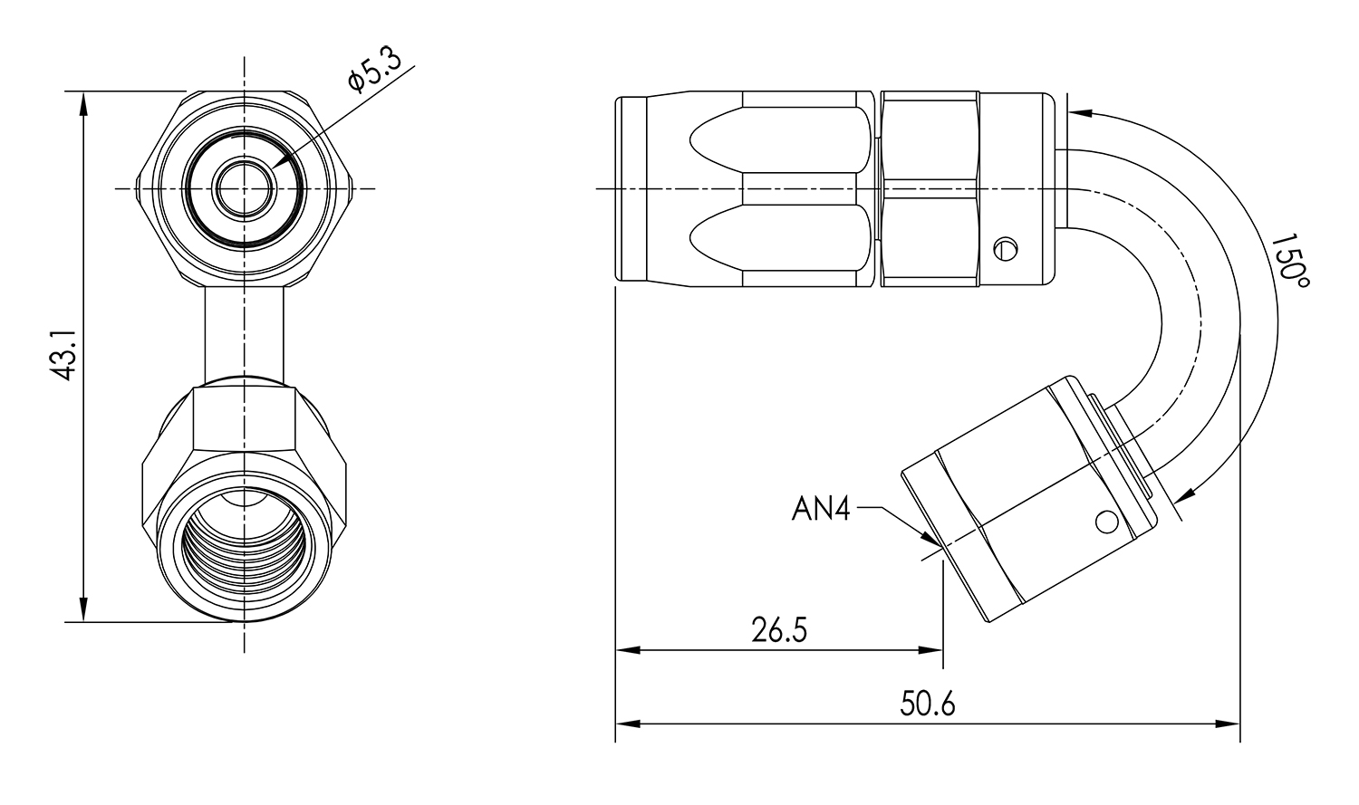 AN04 150° Swivel Seal Hose End Dimensioned Drawing