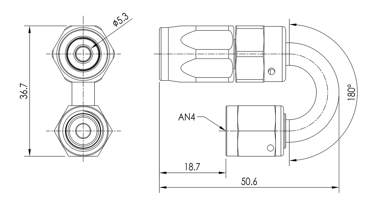 AN04 180° Swivel Seal Hose End Dimensioned Drawing