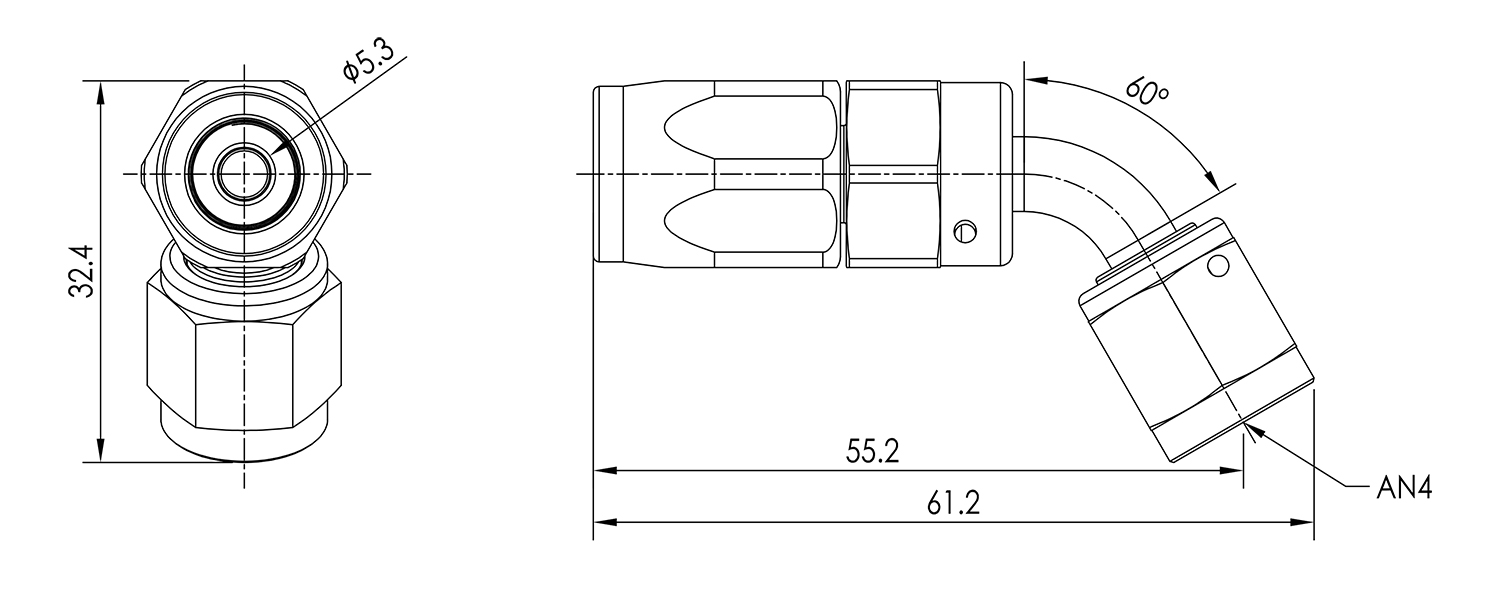 AN04 60° Swivel Seal Hose End Dimensioned Drawing