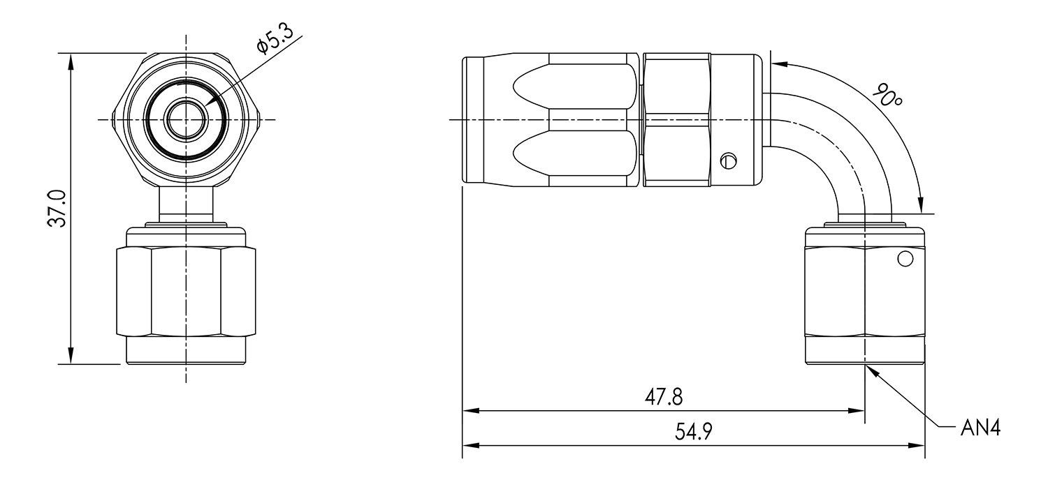 AN04 90° Swivel Seal Hose End Dimensioned Drawing