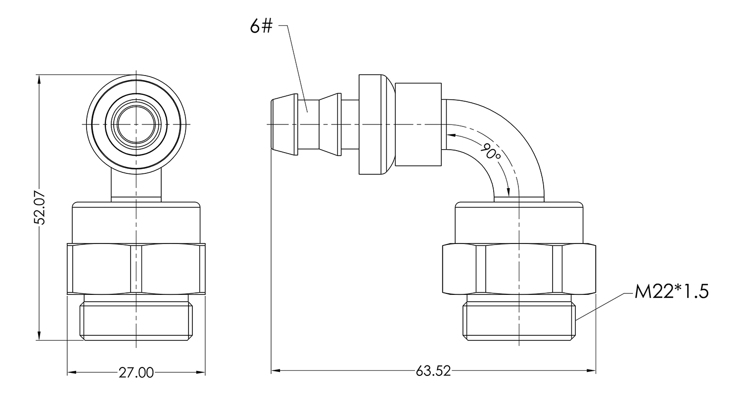 M22 to AN06 90 Push Lock Hose End Dimensions