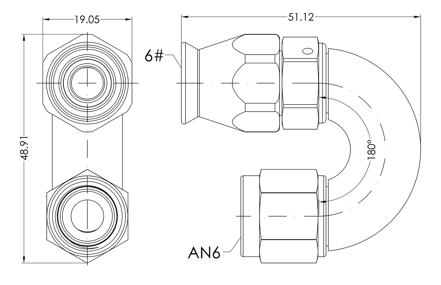 AN06 180° PTFE Swivel Seal Hose End Dimensioned Drawing