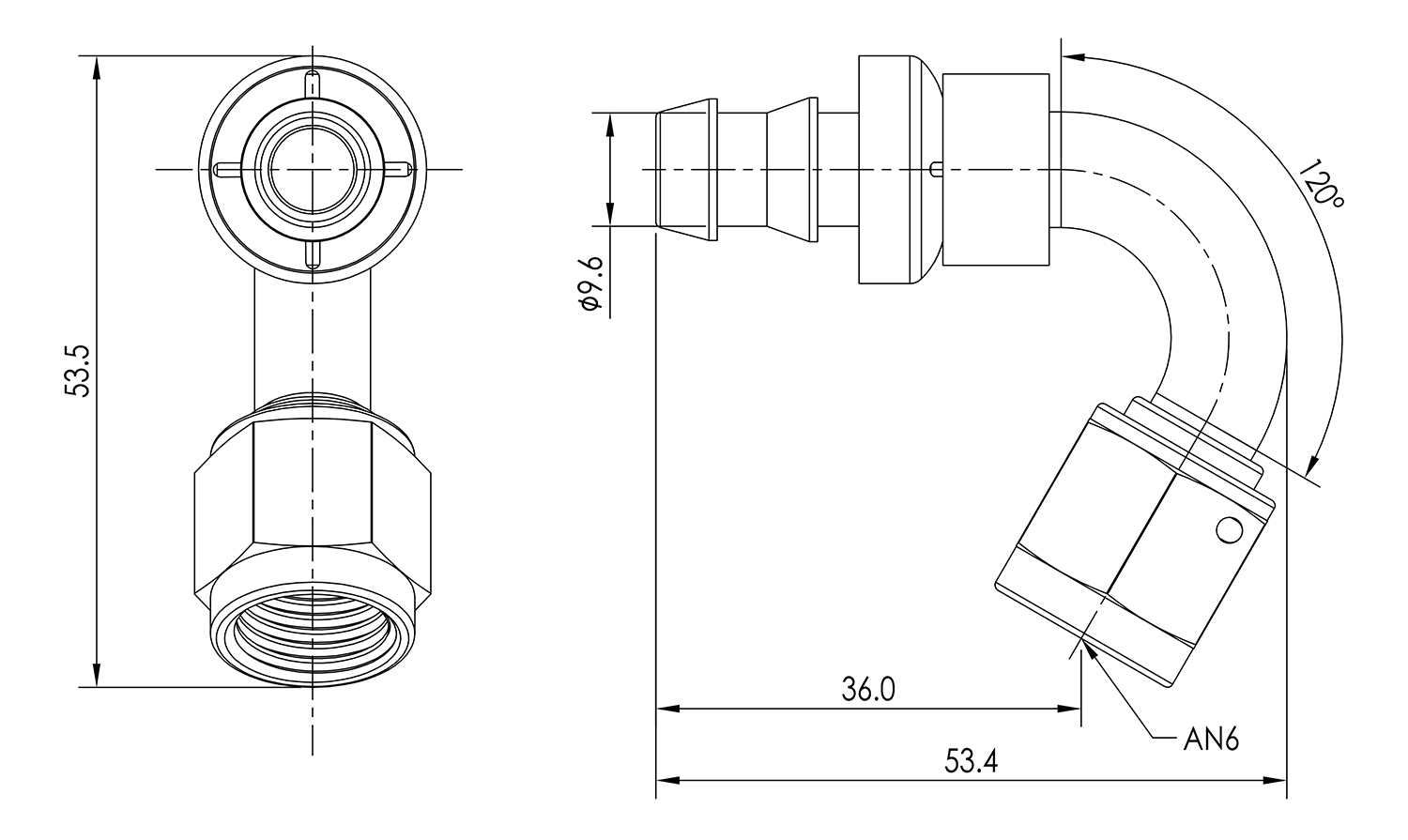 AN06 120° Push Lock Hose End Dimensioned Drawing