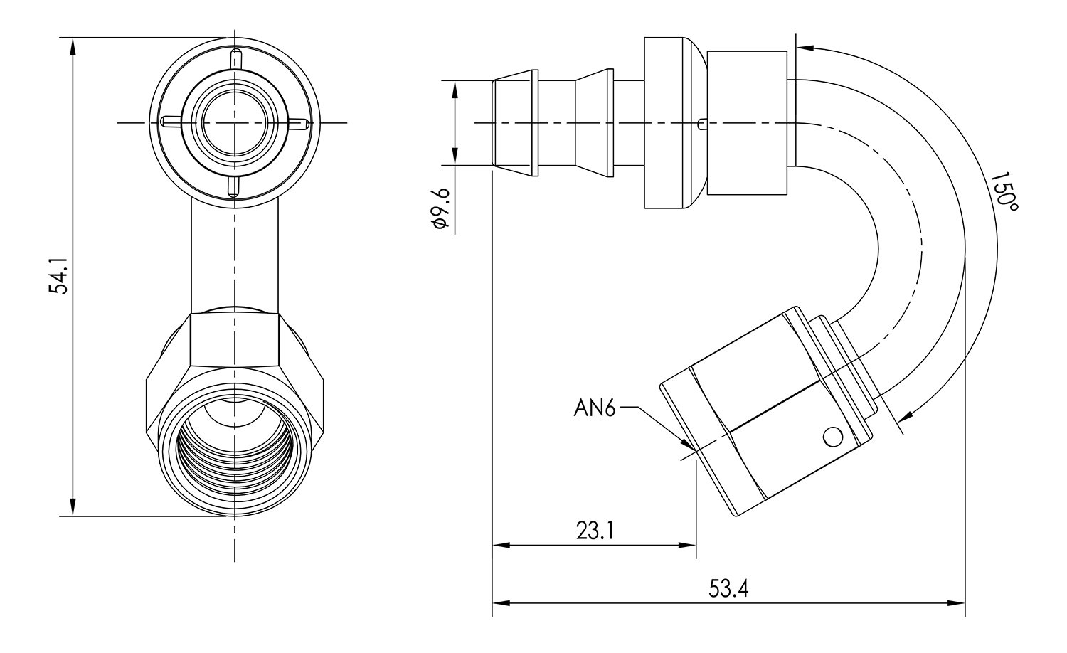 AN06 150° Push Lock Hose End Dimensioned Drawing