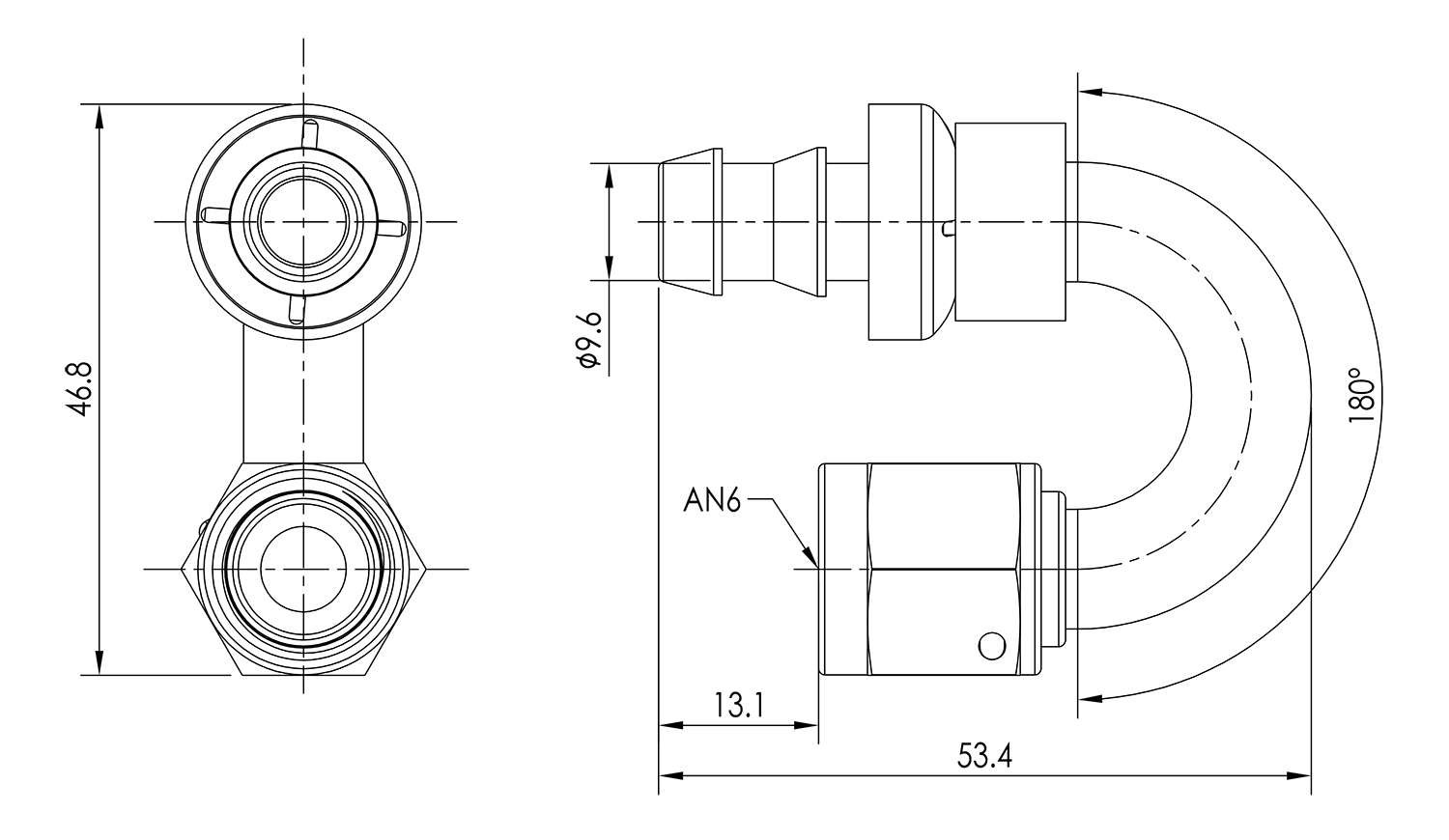 AN06 180° Push Lock Hose End Dimensioned Drawing