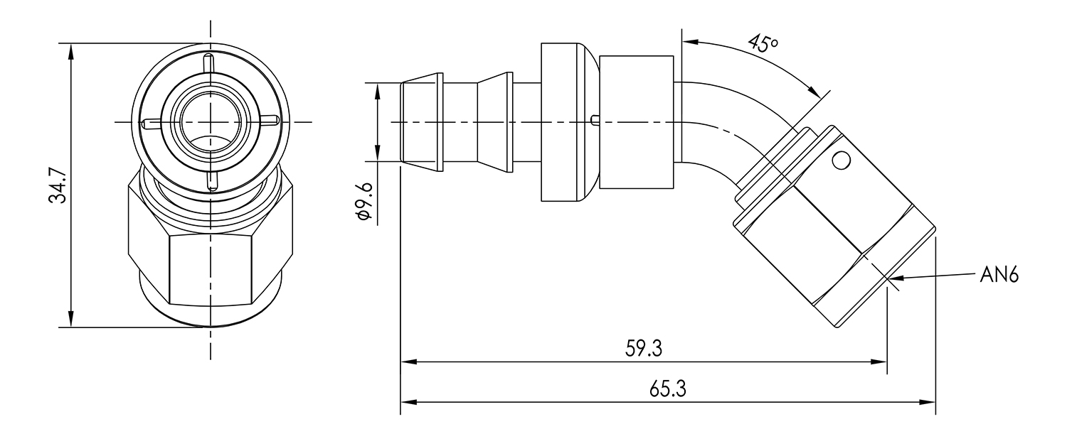 AN06 45° Push Lock Hose End Dimensioned Drawing