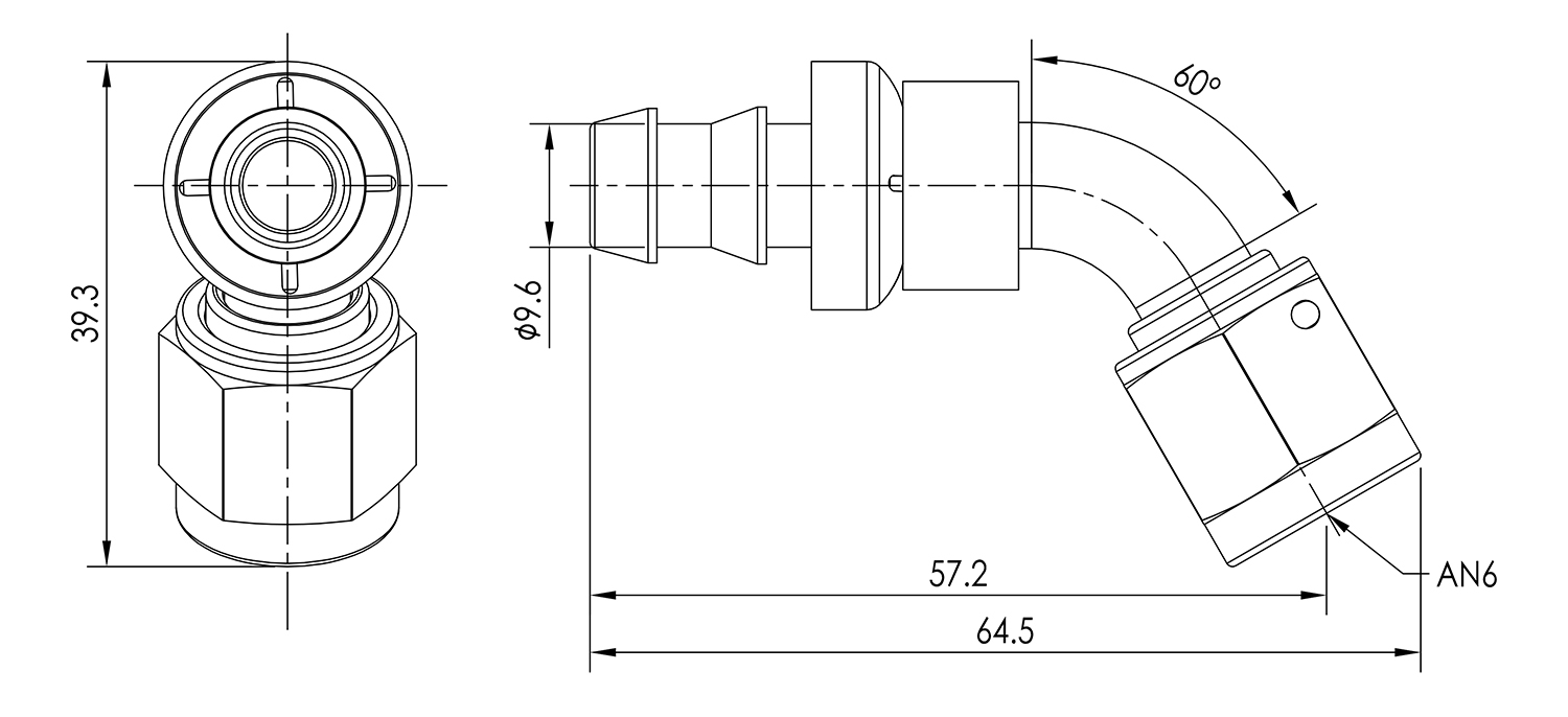 AN06 60° Push Lock Hose End Dimensioned Drawing
