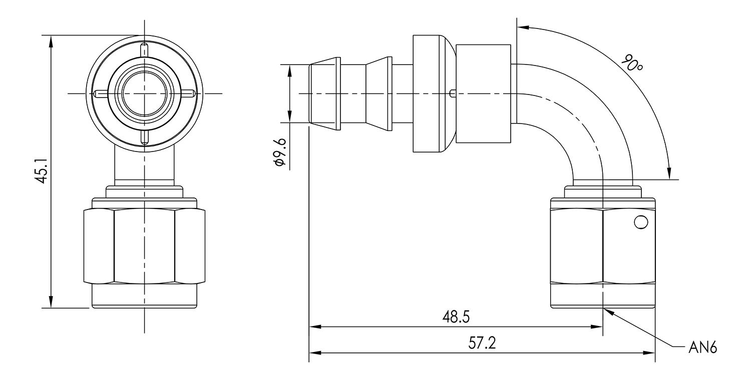 AN06 90° Push Lock Hose End Dimensioned Drawing
