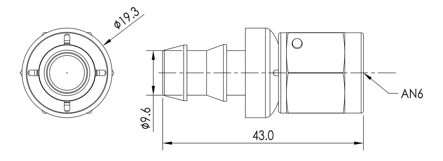 AN06 Straight Push Lock Hose End Dimensioned Drawing