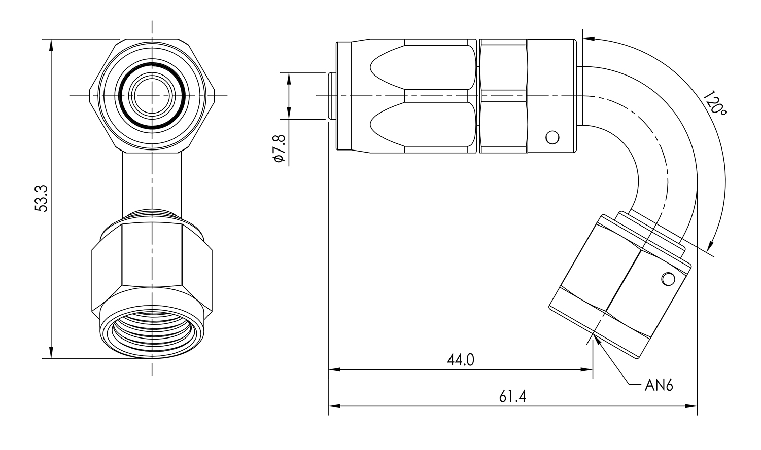 AN06 120° Swivel Seal Hose End Dimensioned Drawing
