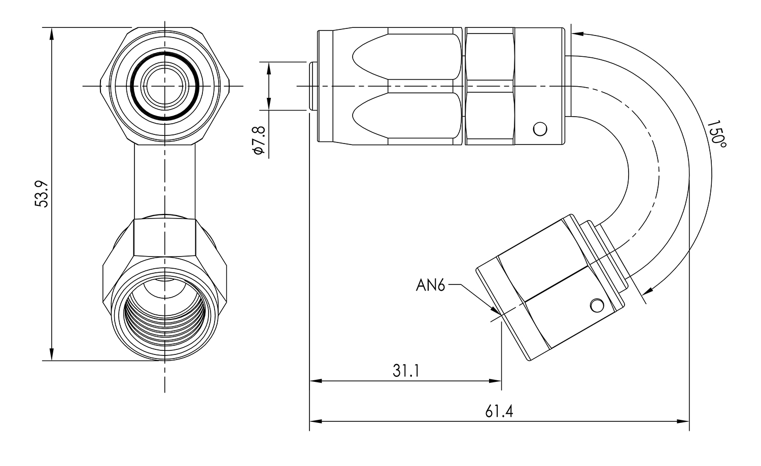 AN06 150° Swivel Seal Hose End Dimensioned Drawing