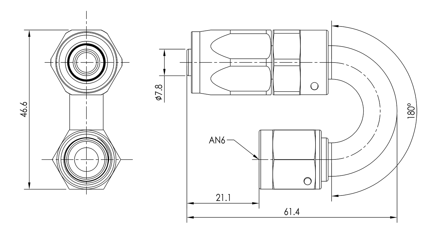 AN06 180° Swivel Seal Hose End Dimensioned Drawing