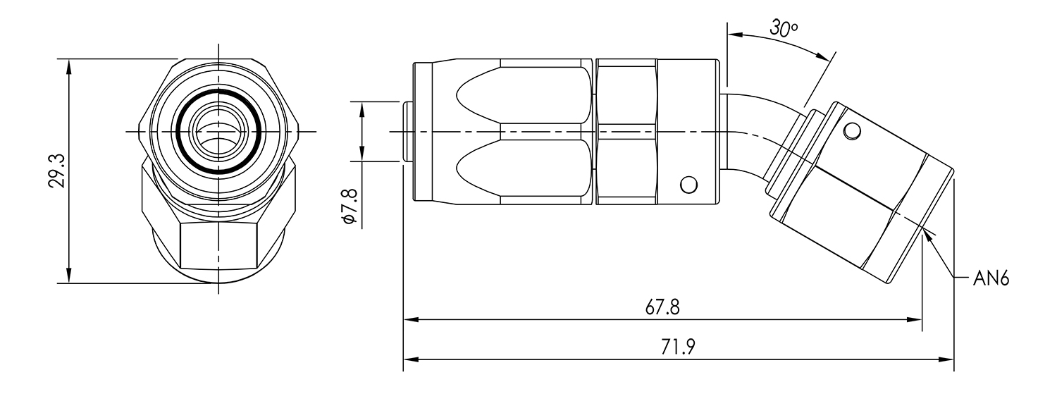AN06 30° Swivel Seal Hose End Dimensioned Drawing