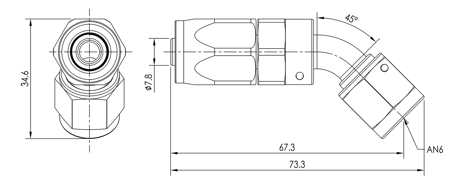 AN06 45° Swivel Seal Hose End Dimensioned Drawing