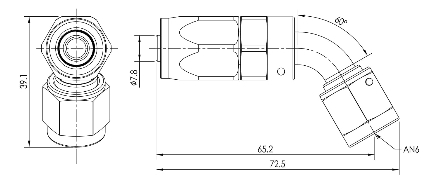 AN06 60° Swivel Seal Hose End Dimensioned Drawing