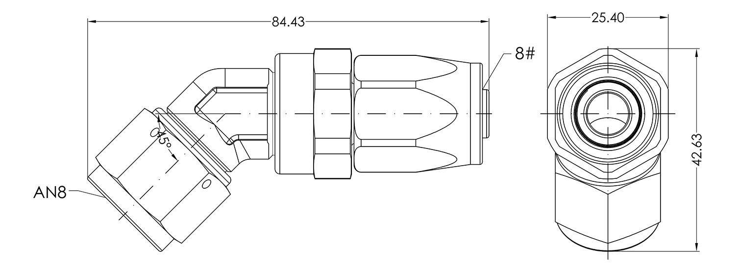 AN08 45° Swivel Seal Dimensioned Drawing