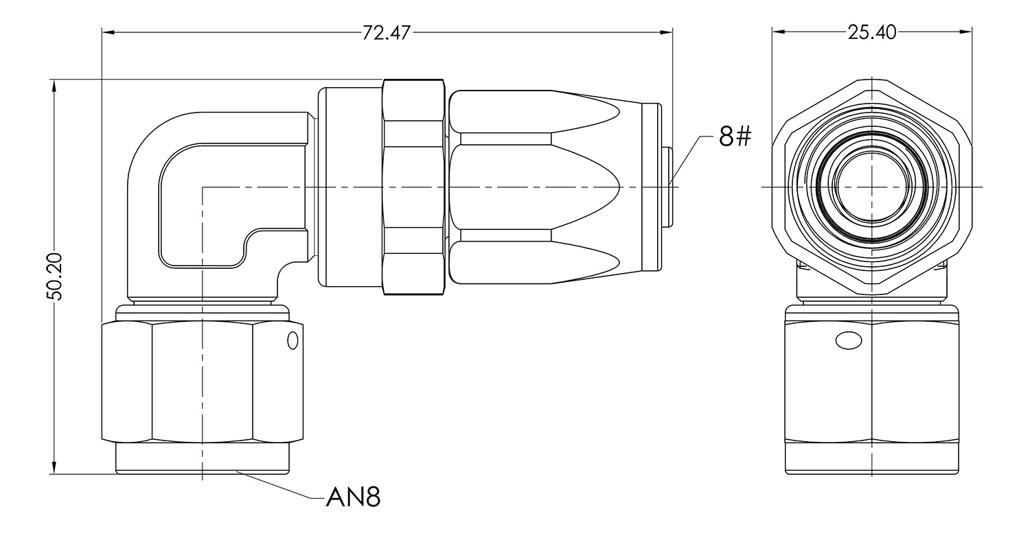AN08 90° Swivel Seal Dimensioned Drawing