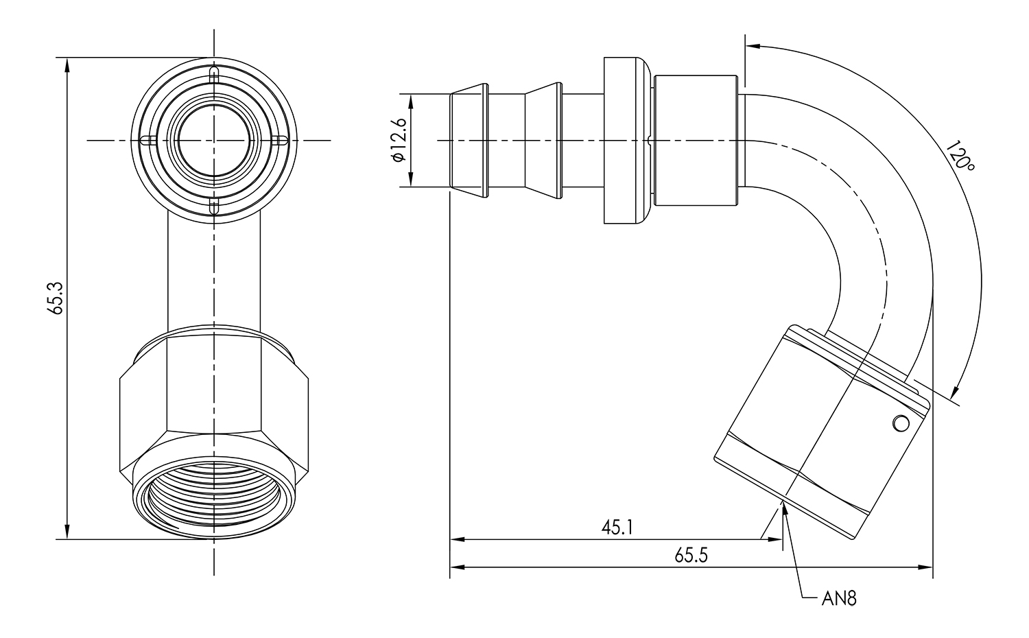 AN08 120° Push Lock Hose End Dimensioned Drawing