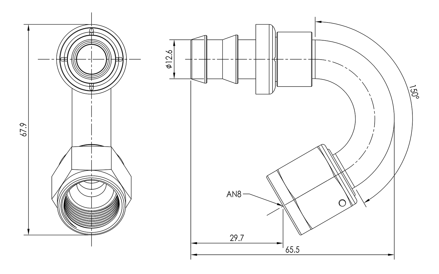 AN08 150° Push Lock Hose End Dimensioned Drawing