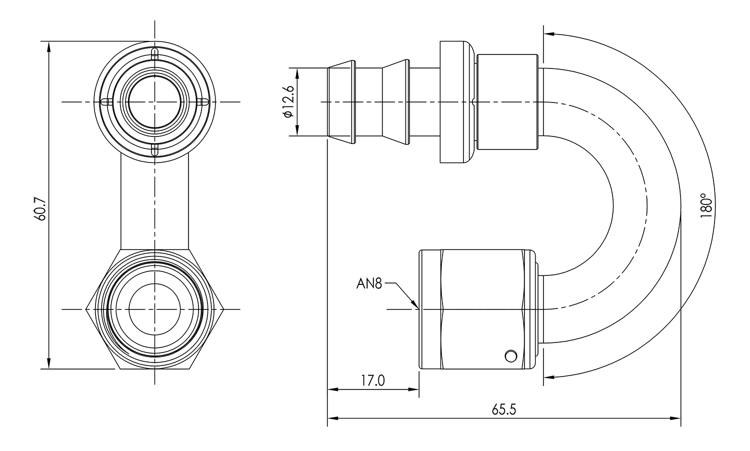 AN08 180° Push Lock Hose End Dimensioned Drawing