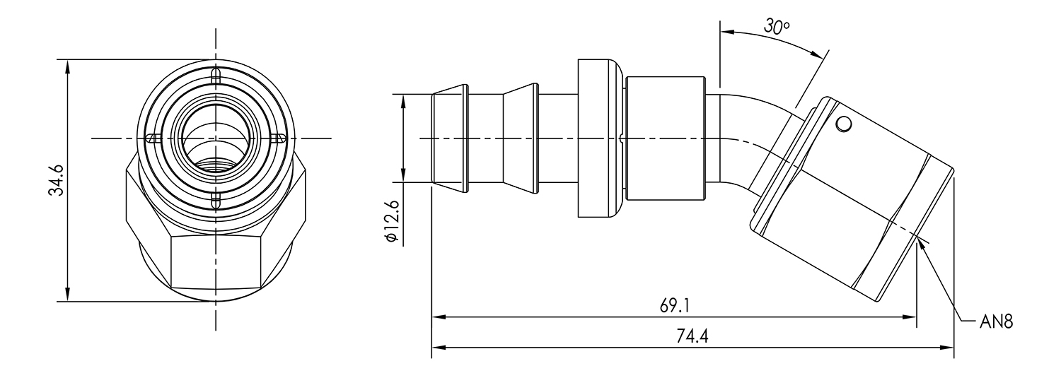 AN08 30° Push Lock Hose End Dimensioned Drawing