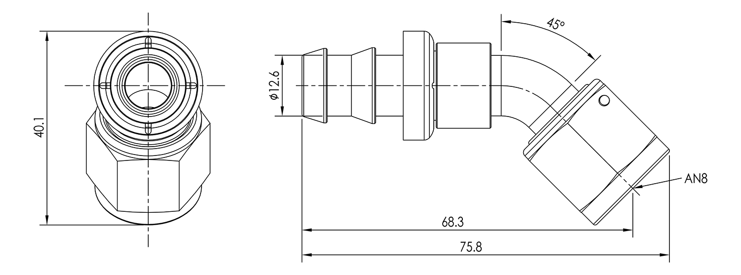 AN08 45° Push Lock Hose End Dimensioned Drawing