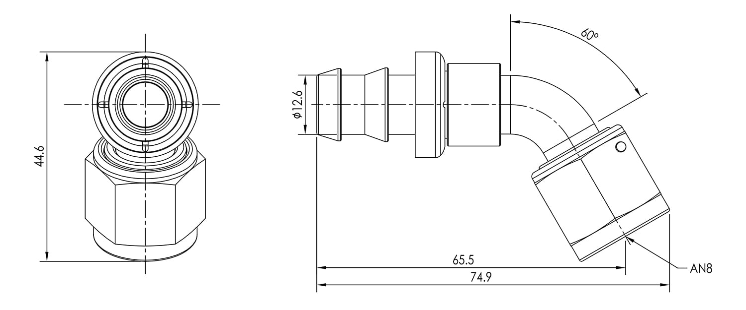AN08 60° Push Lock Hose End Dimensioned Drawing
