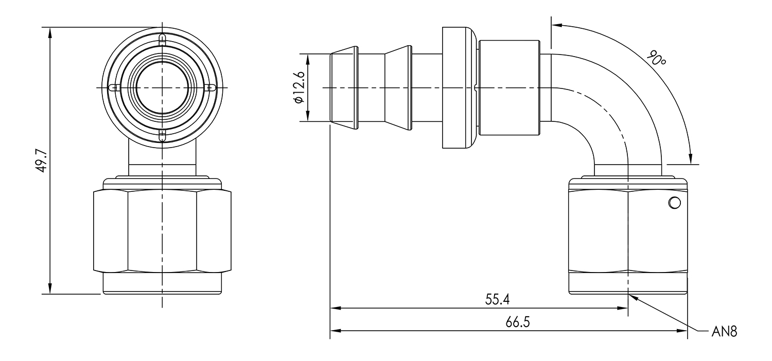 AN08 90° Push Lock Hose End Dimensioned Drawing