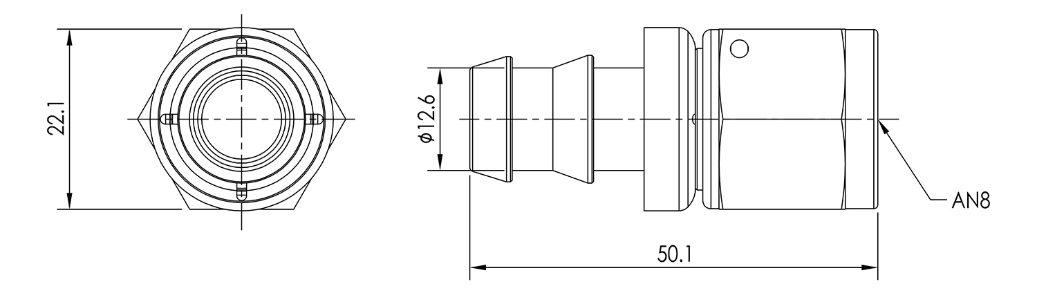 AN08 Straight Push Lock Hose End Dimensioned Drawing