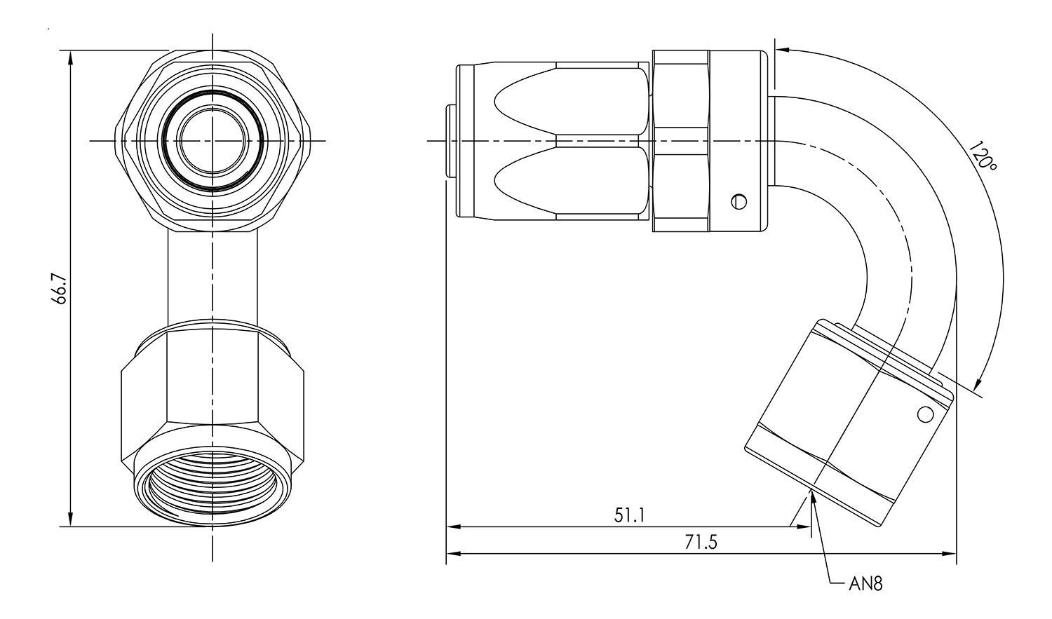 AN08 120° Swivel Seal Hose End Dimensioned Drawing