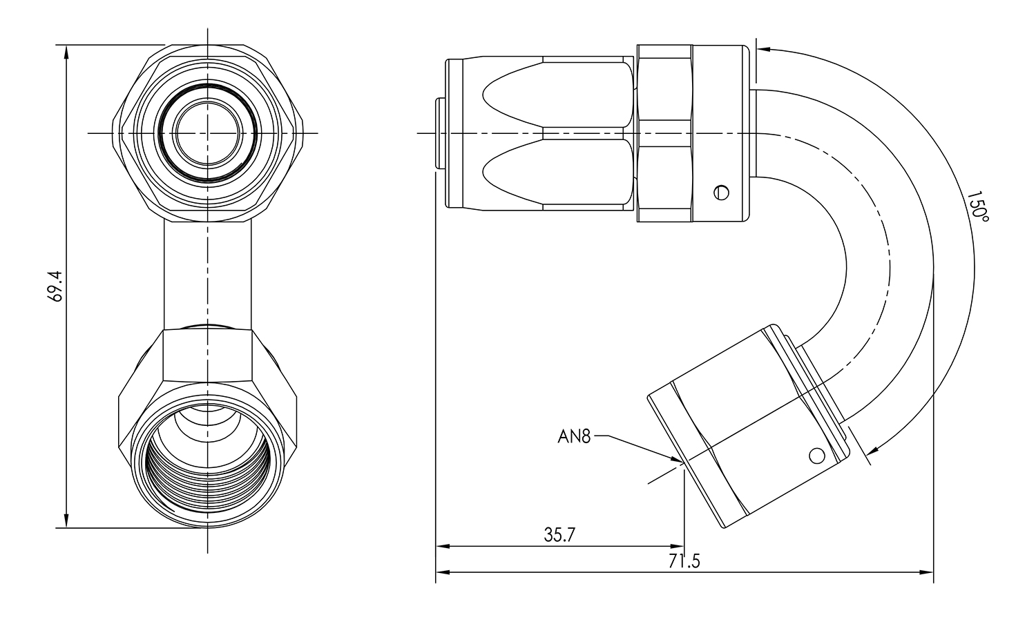 AN08 150° Swivel Seal Hose End Dimensioned Drawing