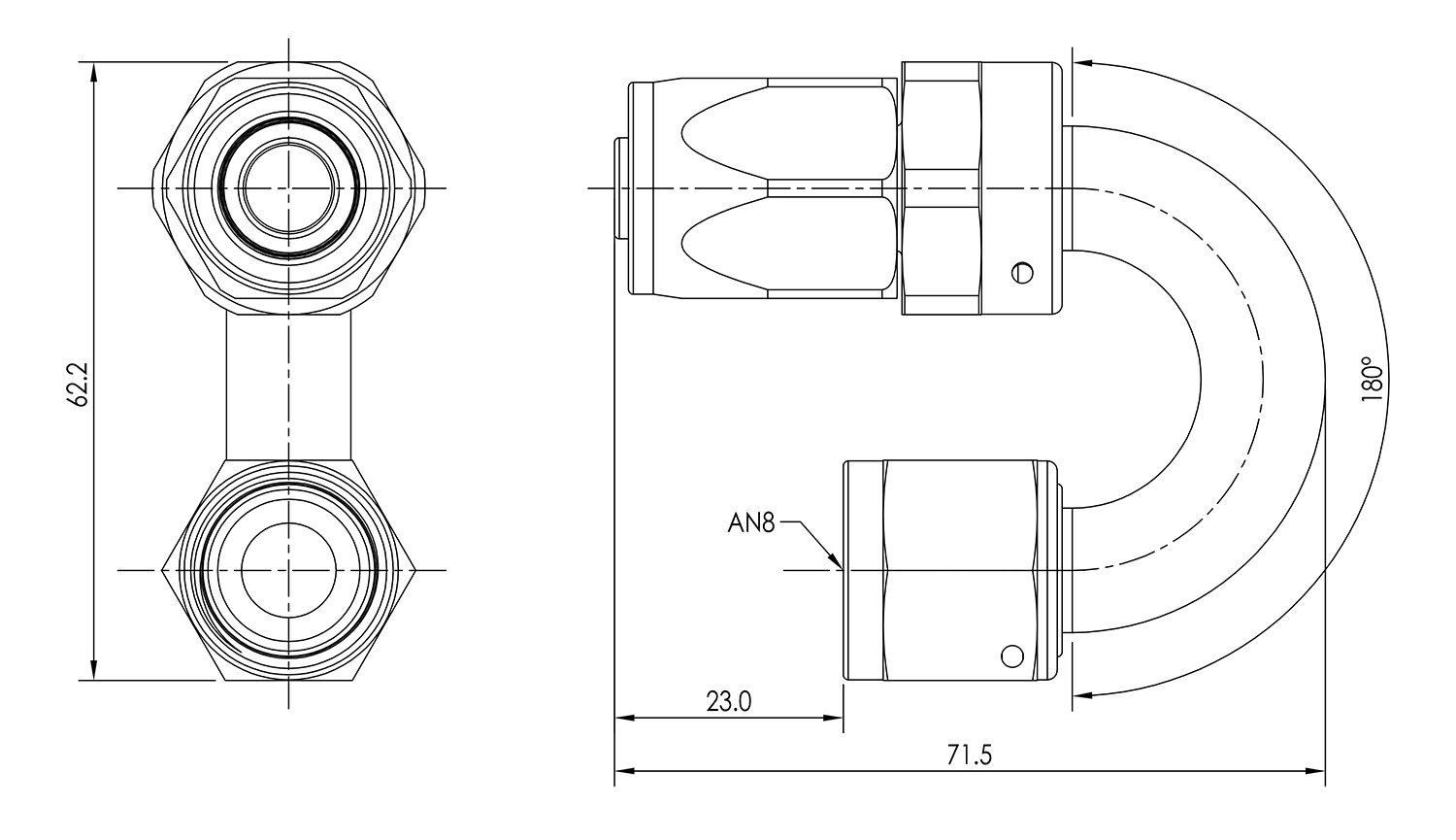 AN08 180° Swivel Seal Hose End Dimensioned Drawing