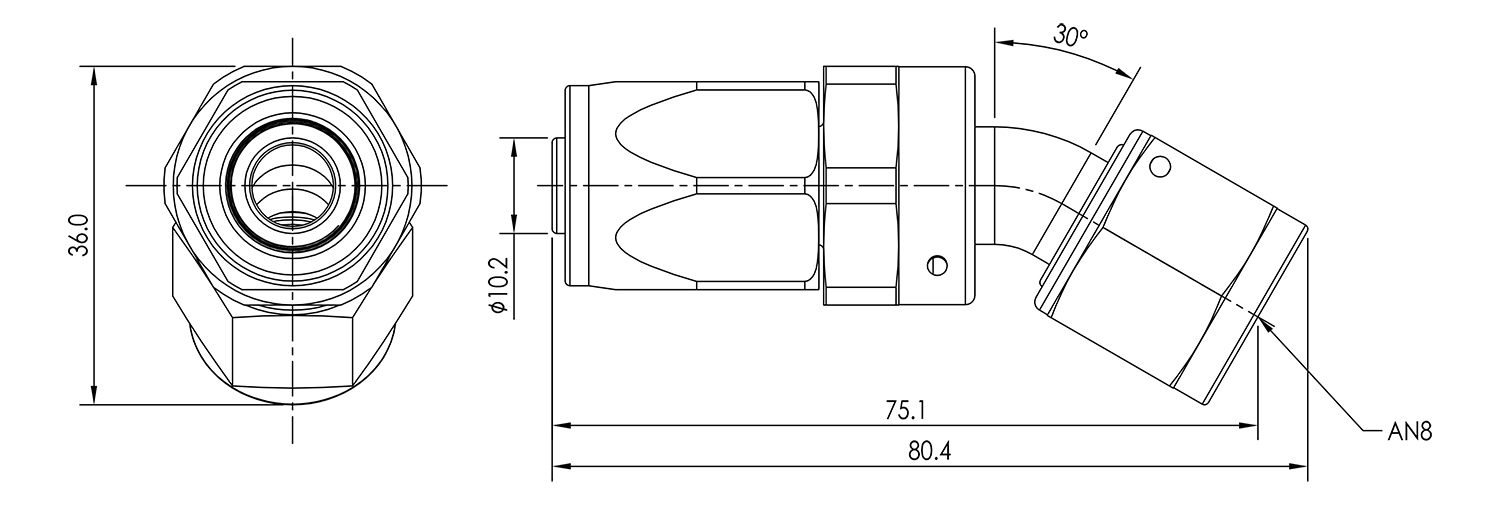 AN08 30° Swivel Seal Hose End Dimensioned Drawing
