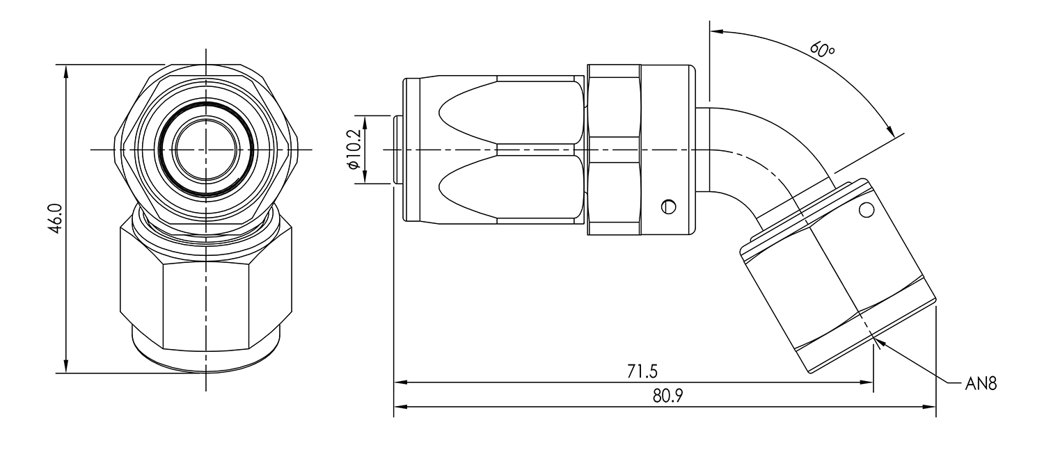 AN08 60° Swivel Seal Hose End Dimensioned Drawing