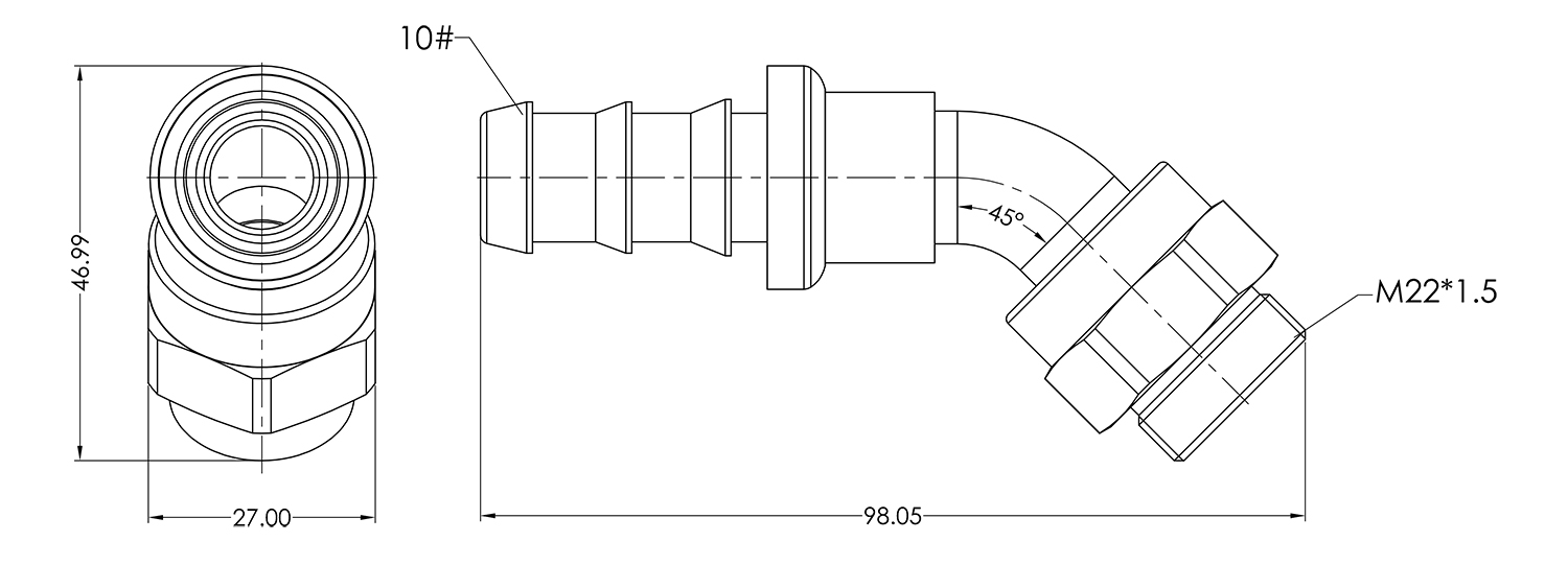 M22 to AN10 45 Push Lock Hose End Dimensions