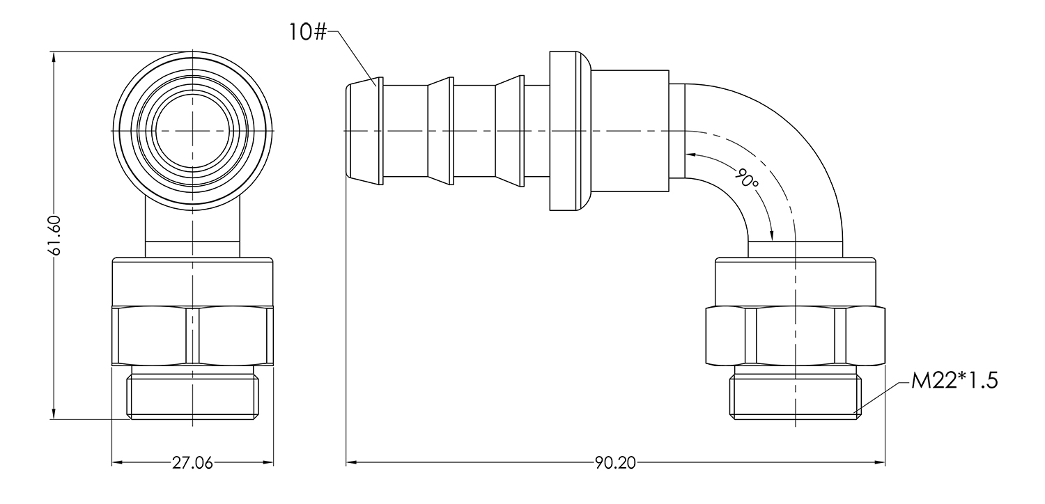 M22 to AN10 90 Push Lock Hose End Dimensions
