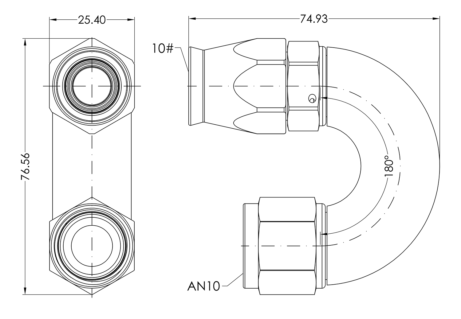 AN10 180° PTFE Swivel Seal Hose End Dimensioned Drawing