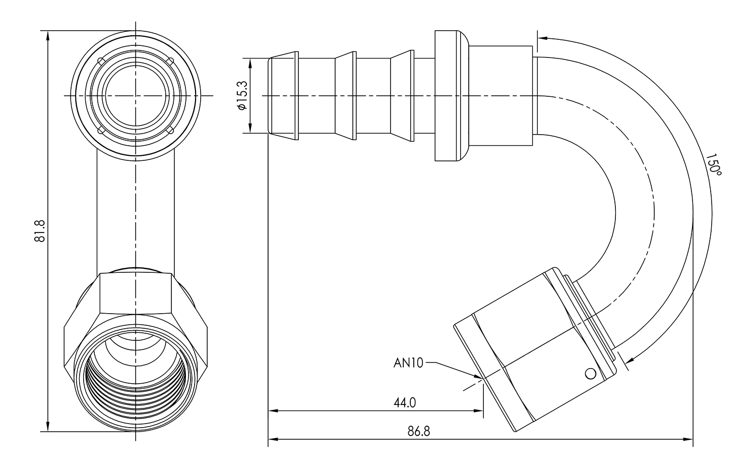 AN10 150° Push Lock Hose End Dimensioned Drawing