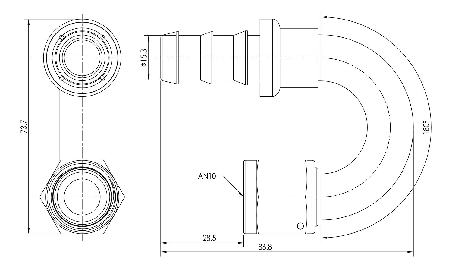 AN10 180° Push Lock Hose End Dimensioned Drawing