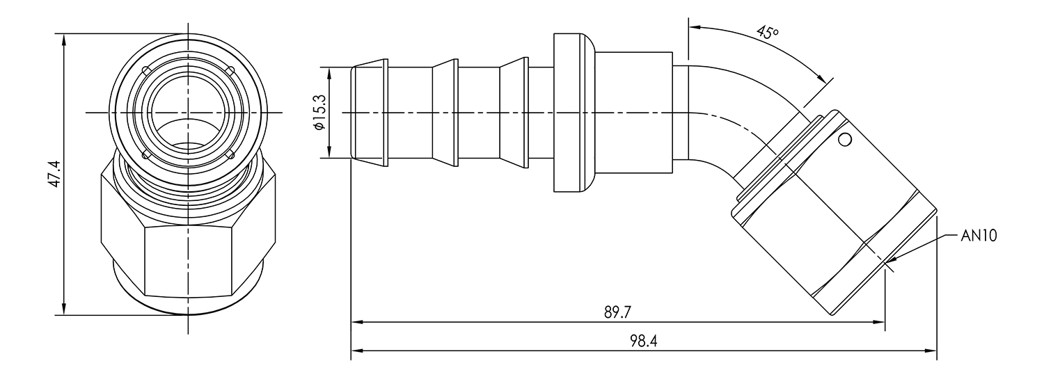 AN10 45° Push Lock Hose End Dimensioned Drawing